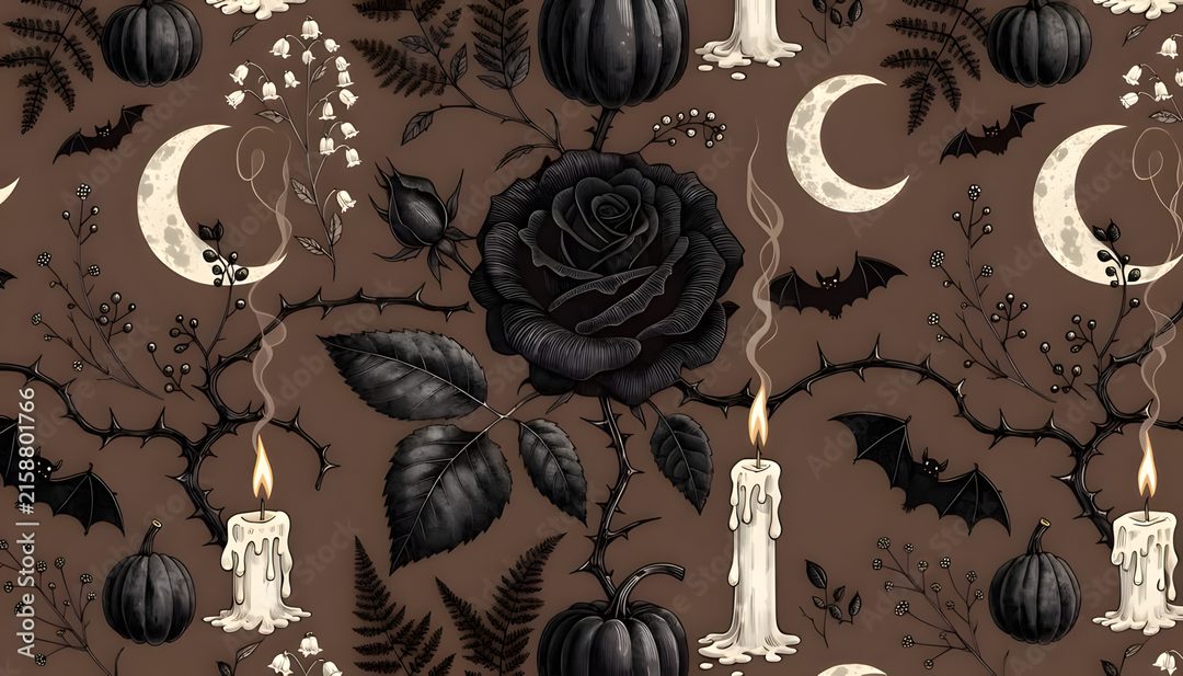 a black rose surrounded by candles and other halloween decorations on a brown background with moon, bats and leaves Gothic Halloween Pattern dark olive green