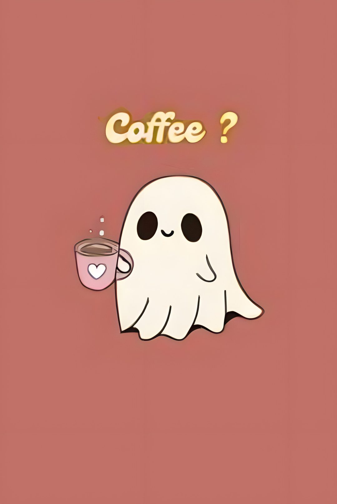 a ghost holding a cup of coffee with the words coffee? on it's side Cute Halloween Coffee indian red