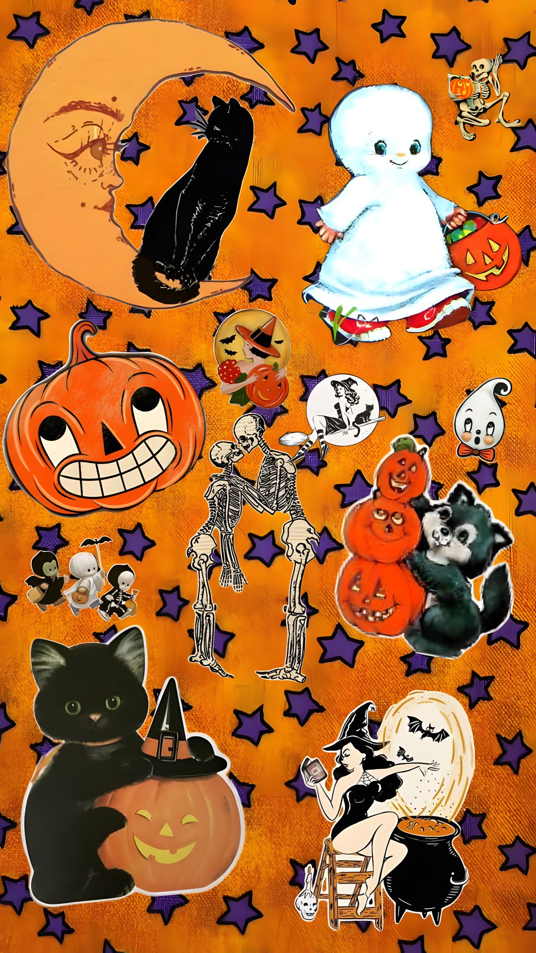 halloween stickers on an orange background with black cats and pumpkins in the center Halloween Backgrounds Vintage chocolate
