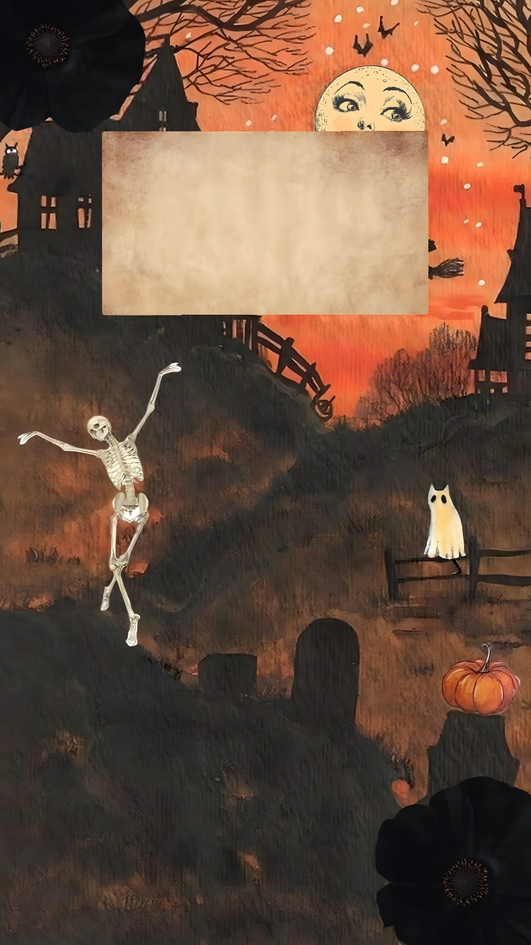 a halloween scene with a skeleton holding up a sign and an orange sky in the background Halloween Layout dark slate gray