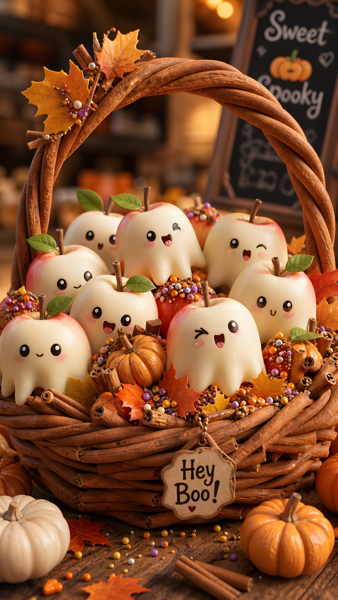 a basket filled with lots of little white pumpkins sitting on top of a table Halloween Food saddle brown