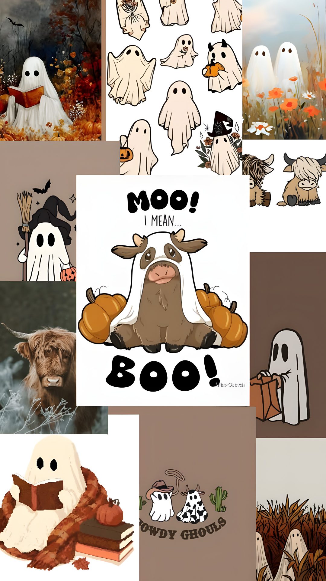 several different pictures with ghost and pumpkins on them, including one that says moo man boo Cow Halloween rosy brown