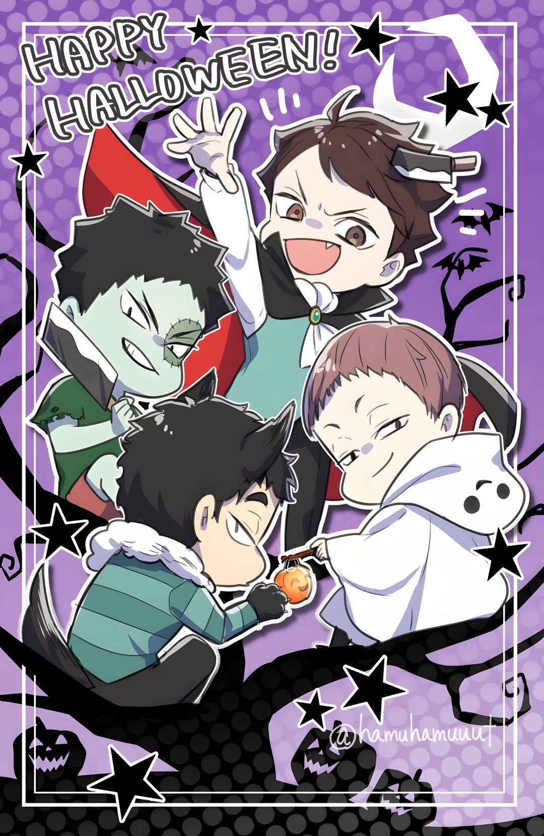 an image of some cartoon characters in front of a purple background with the words happy halloween sky Haikyuu Halloween medium purple