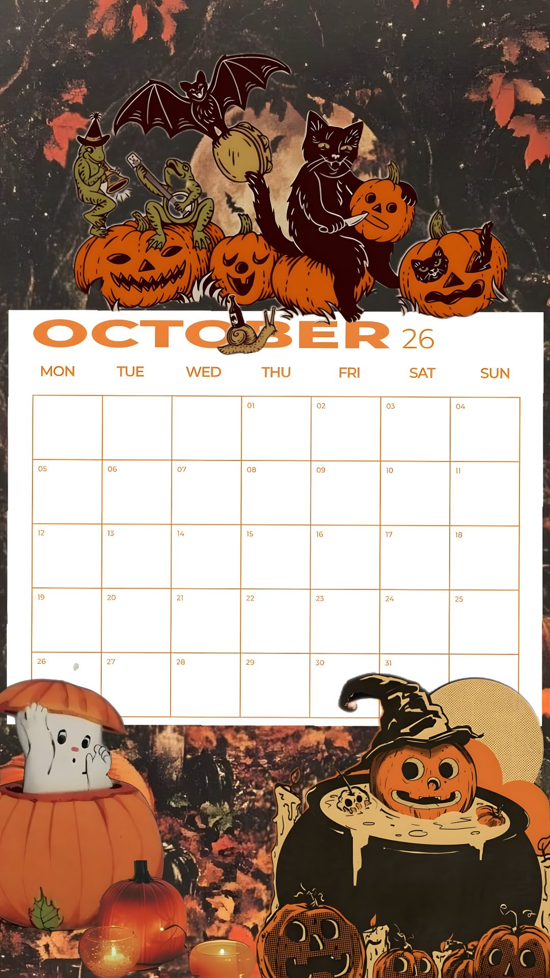 a calendar with pumpkins and cats on it Halloween Calendar indian red