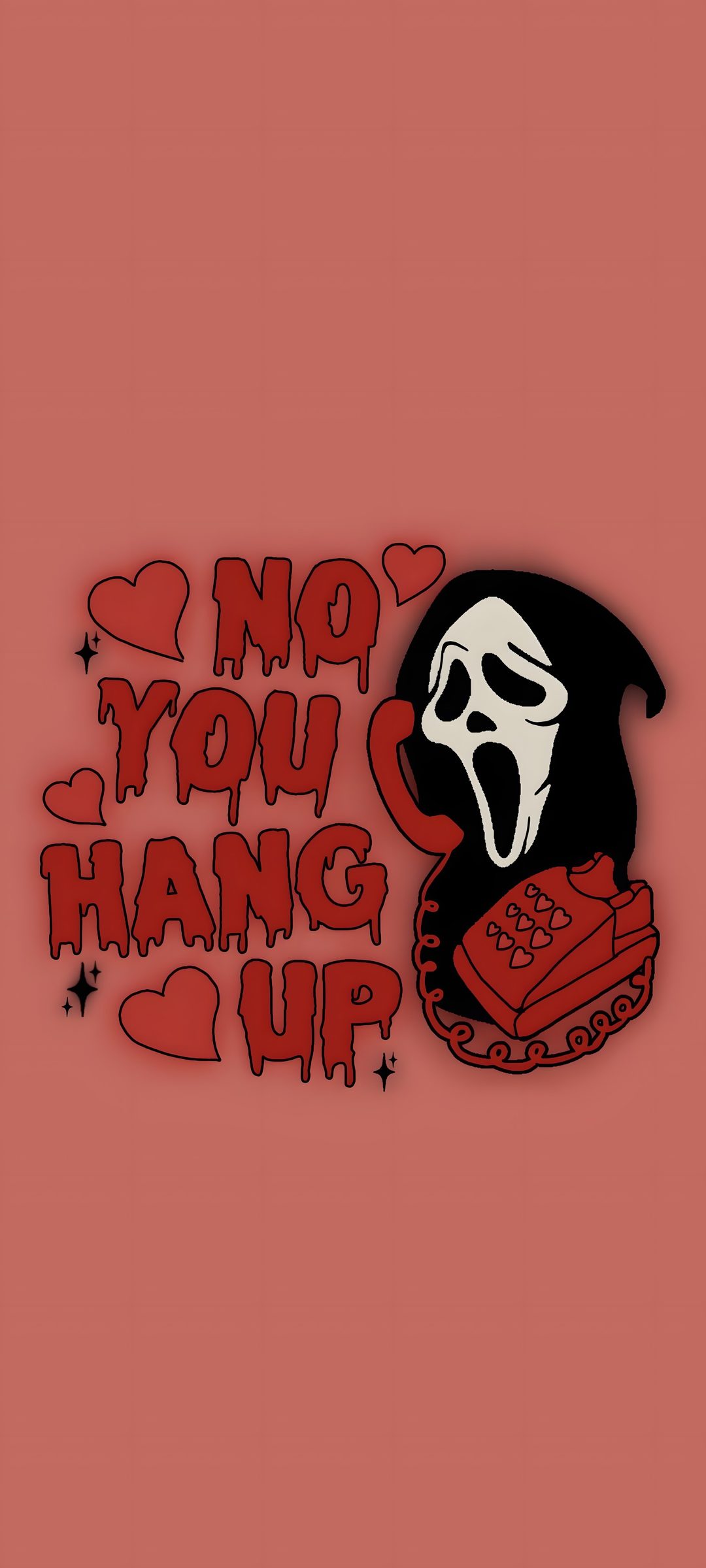 an image of a sticker that says, no you hangin't up Cute Scream Halloween Cute Halloween Ghostface, indian red