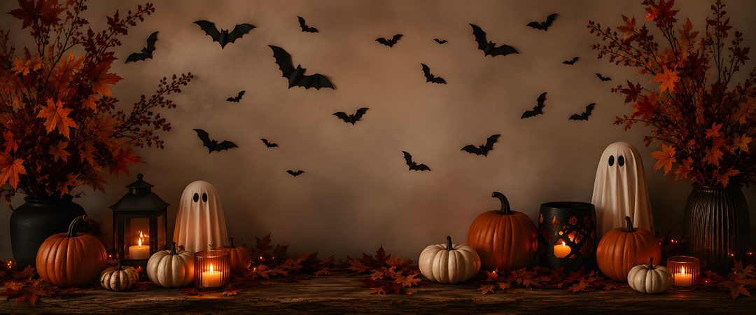 halloween decorations with bats and pumpkins in front of a wall that has candles on it Halloween Banner With Forest saddle brown