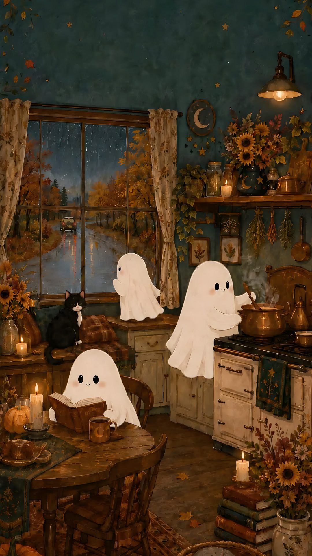 two ghost - like figures in a kitchen with candles and pumpkins on the table Halloween Kitchen dark slate gray
