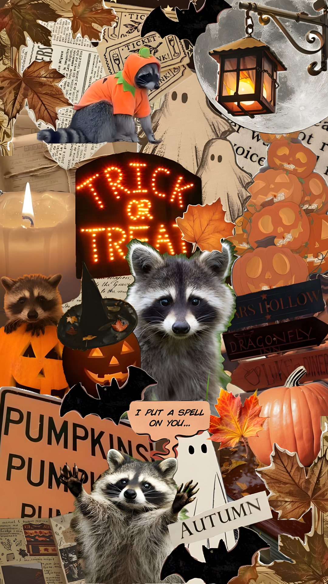 a collage of halloween pictures with raccoons, pumpkins and other items Halloween Raccoon Trick Or Treat, Halloween, Dragonfly Inn, sienna
