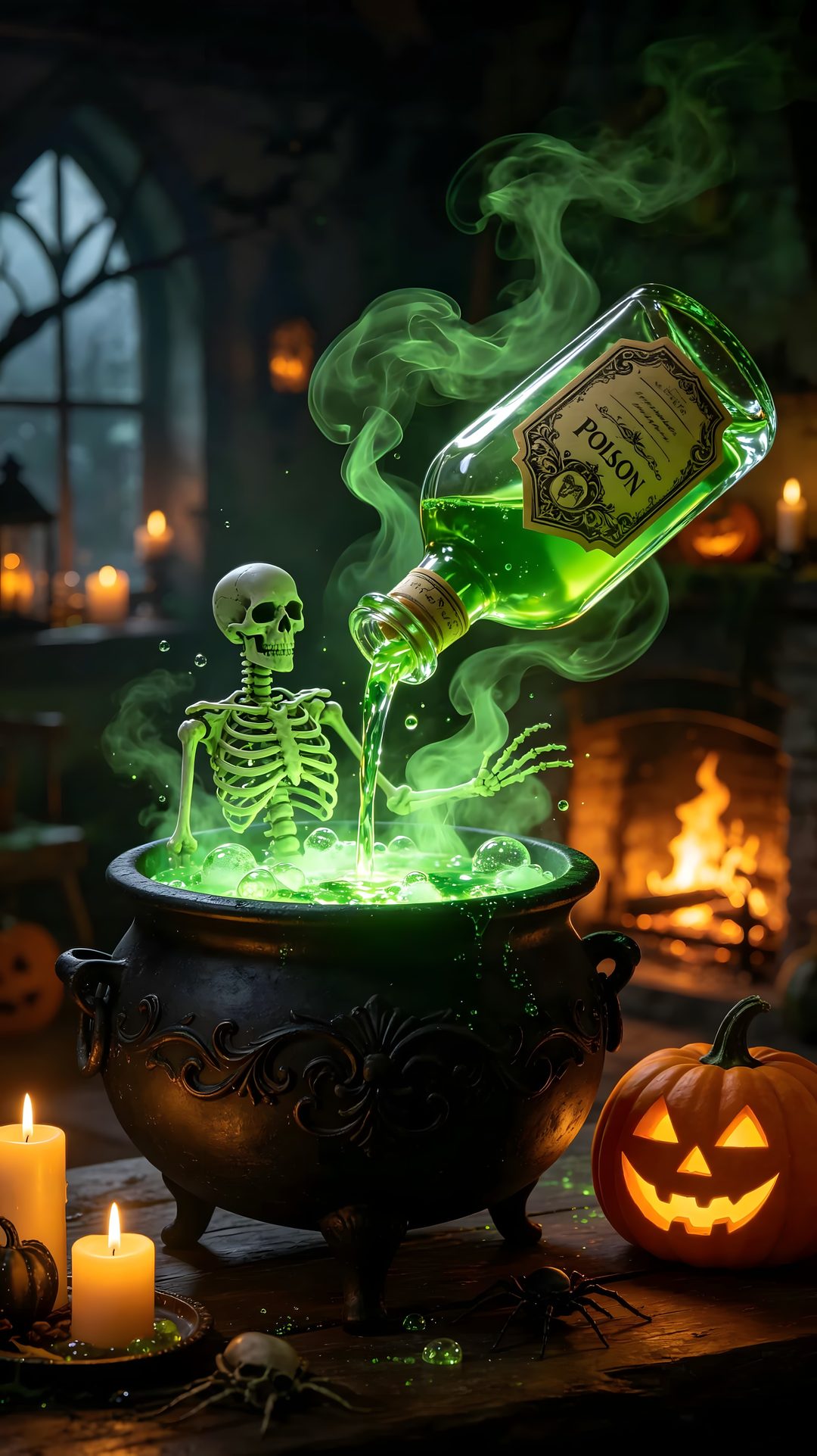 a skeleton in a witches caulder with green liquid pouring out of the bottle Halloween Spooky Cauldron Snakes Potions black