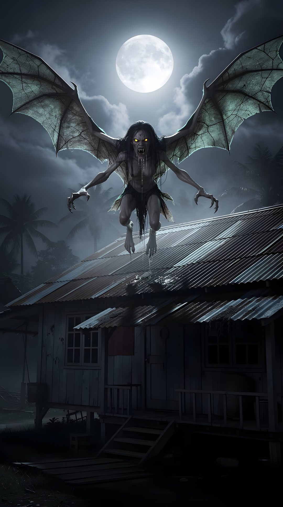 a demonic looking creature on top of a roof in front of a full moon sky Halloween Flying Monster dark slate gray