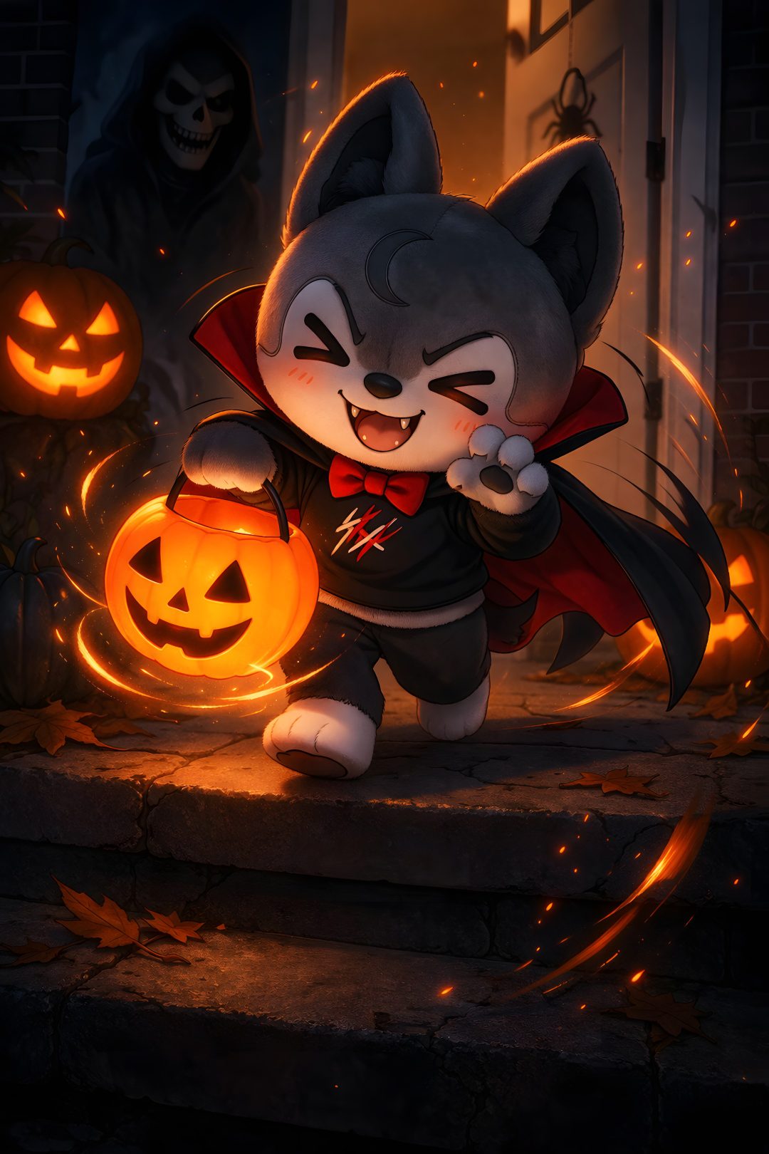 a cartoon cat dressed as a vampire with pumpkins in front of it and two jack - o'- lanterns on the steps Stray Kids Halloween black