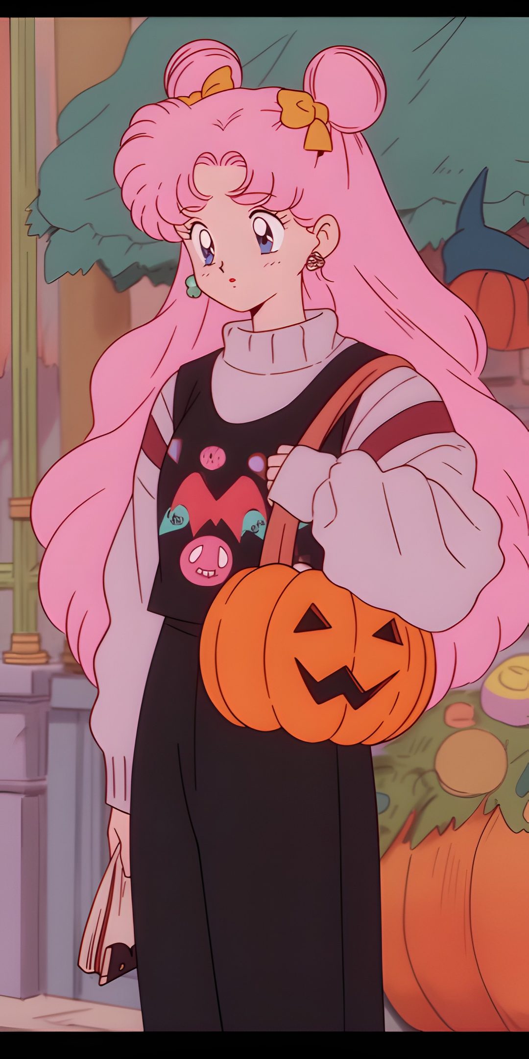 a girl with pink hair holding a pumpkin Sailor Moon Halloween gray