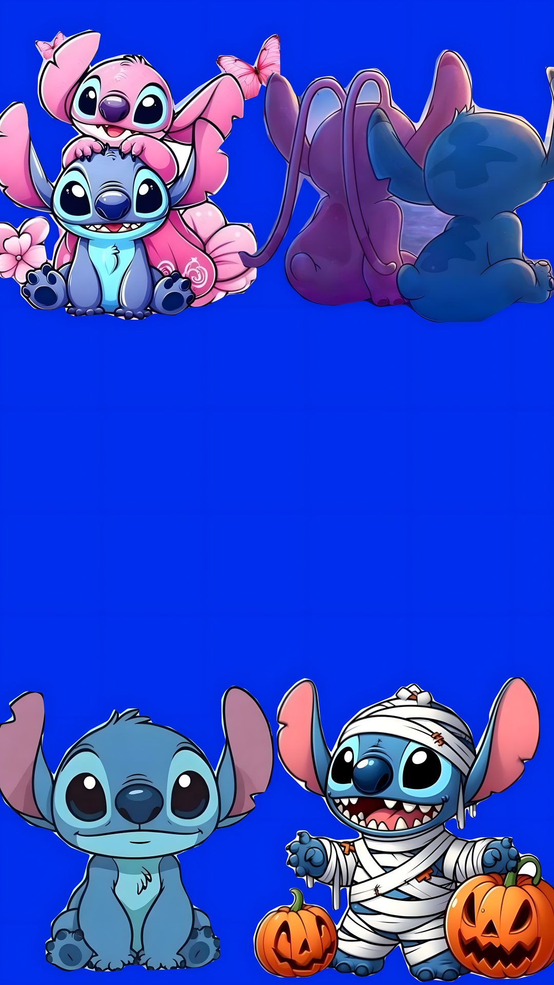 three cartoon characters with pumpkins and bats Cute Stitch And Angel Halloween medium blue