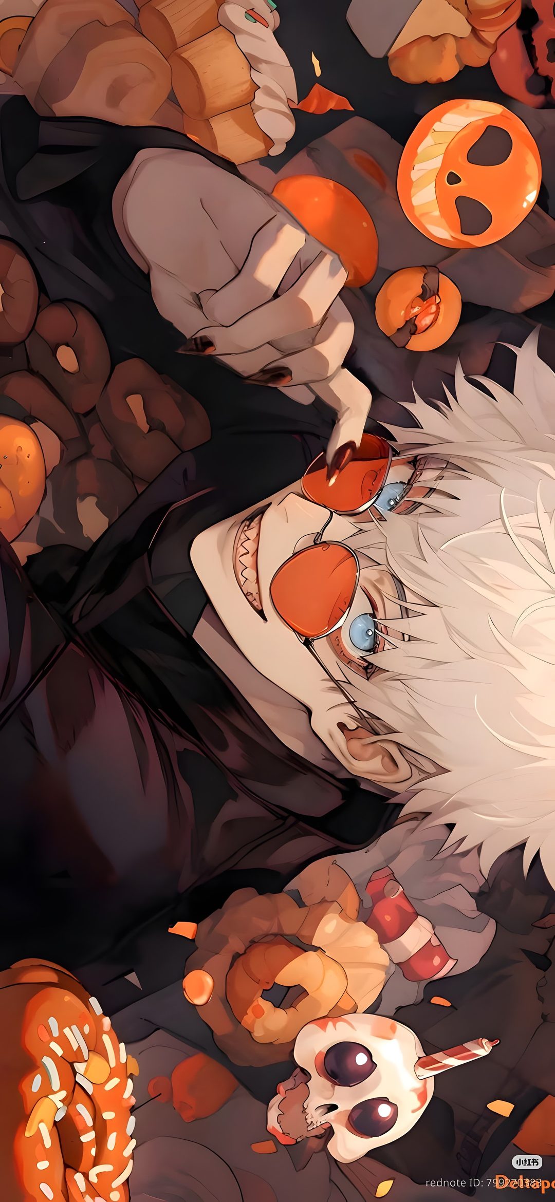 an anime character with white hair surrounded by pumpkins Jjk Halloween saddle brown