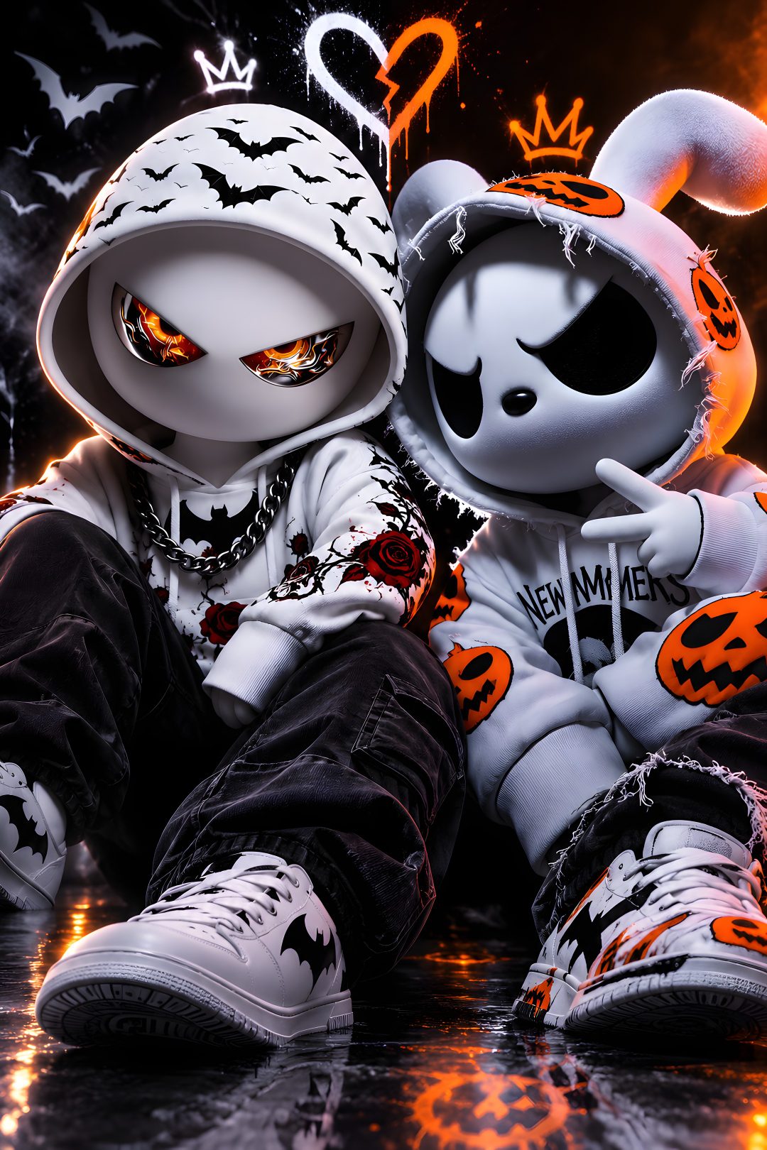 two stuffed animals dressed in halloween costumes sitting next to each other on the floor with orange and black lights behind them Halloween Iphone For Boys dark slate gray