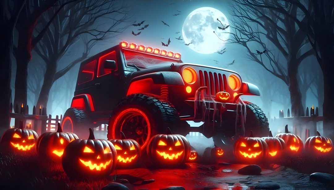 a jeep decorated for halloween with pumpkins and jack - o'- lanternes Halloween Jeep Halloween Themes, Jeep, Festival, dark slate gray