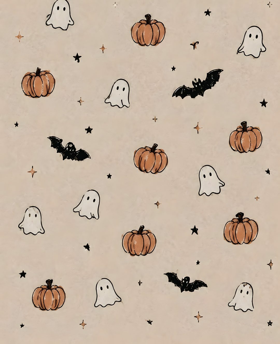 halloween wallpaper with ghost, pumpkins and bats on beige background for kids'room decor Asthetic Halloween silver