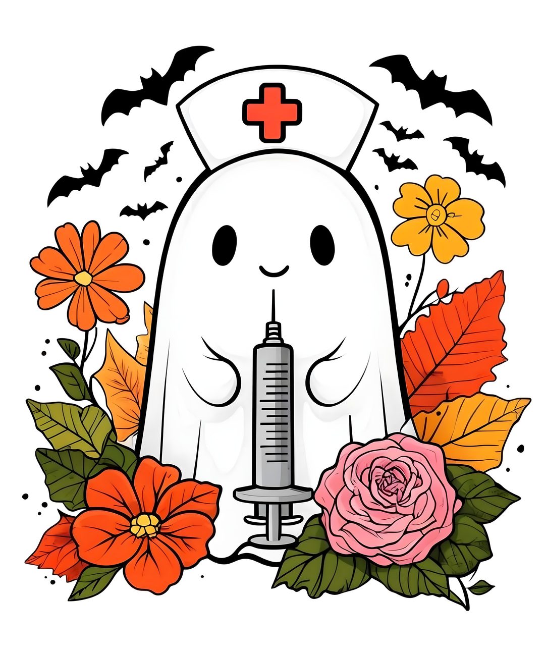 a drawing of a nurse with flowers and bats around it, all in the same color Nurse Halloween white