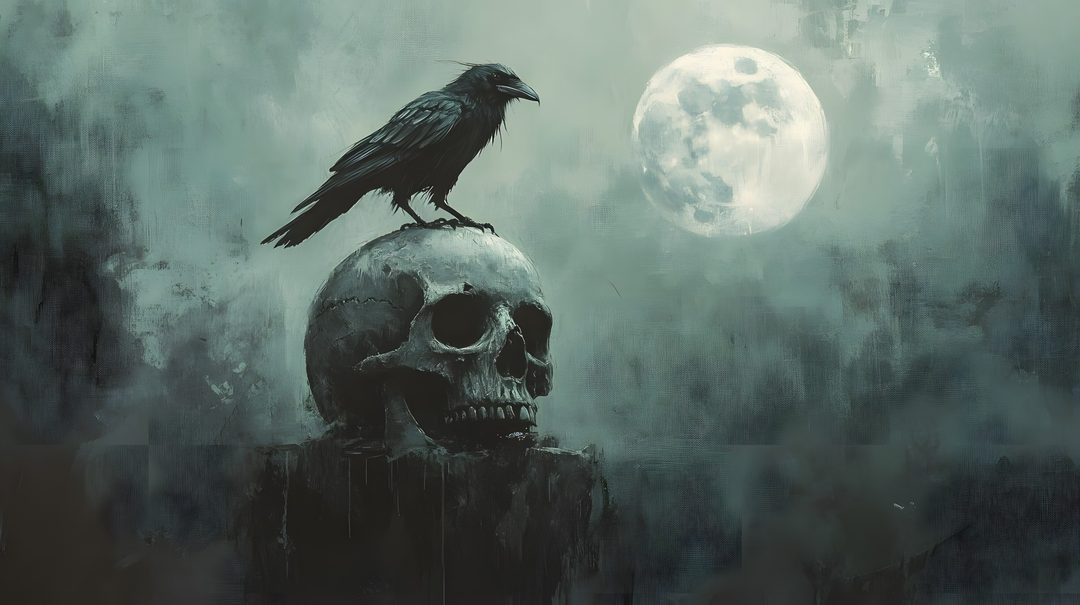 a black bird sitting on top of a skull in front of a full moon, Halloween Crow Dark Custom Crow Pc, Crow Skull, Skull, Pc, Profile Picture, dim gray