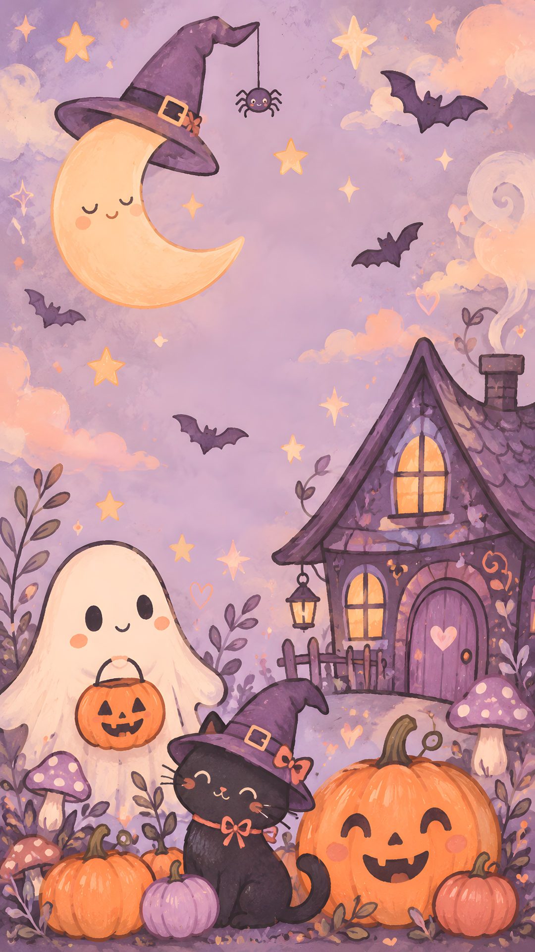 a painting of two cats sitting in front of a house with pumpkins and bats Halloween Iphone Backgrounds Phone tan