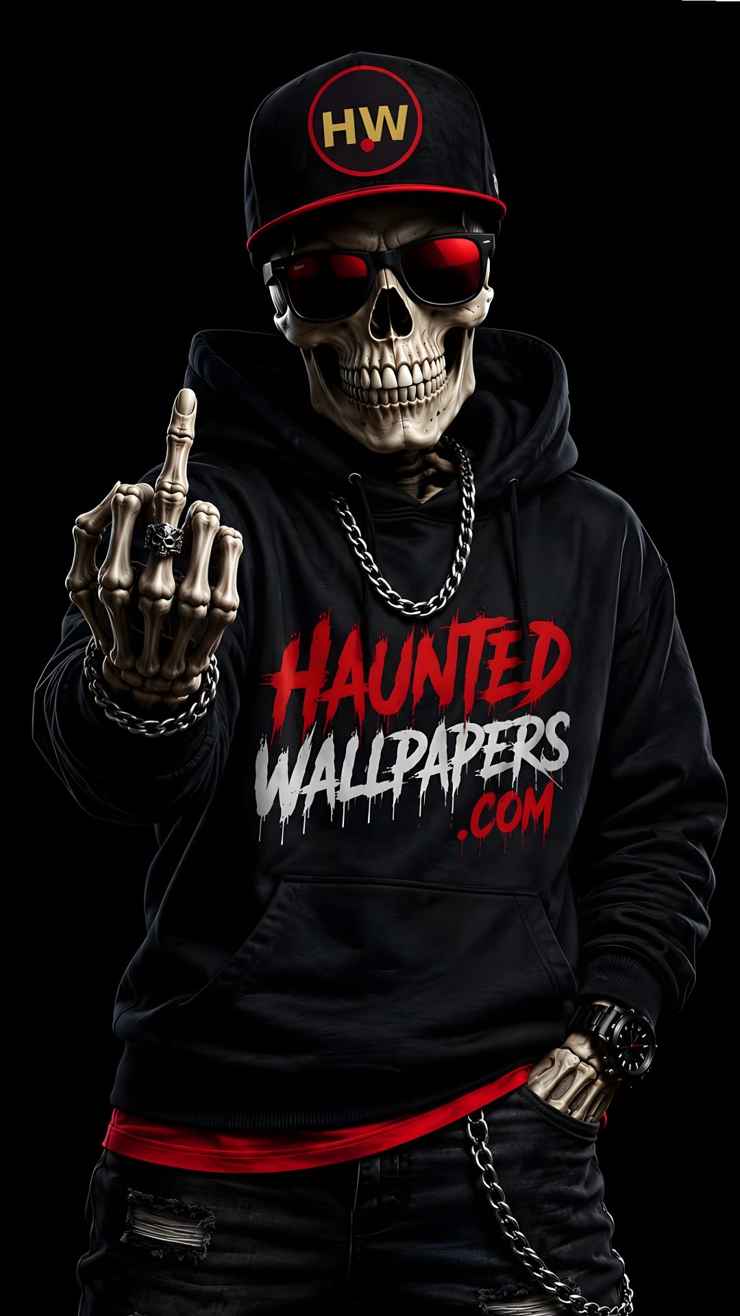 a skeleton wearing a black hoodie with red glasses and a baseball cap on it's head Halloween For Men black
