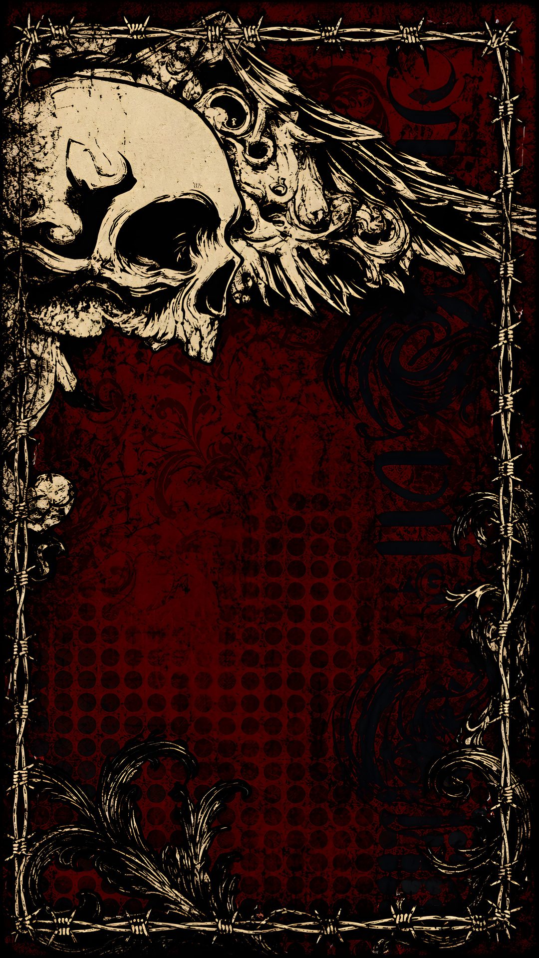 a red and black background with a skull in the middle, on top of an ornate frame Edgy Aesthetic Halloween Skeleton, black
