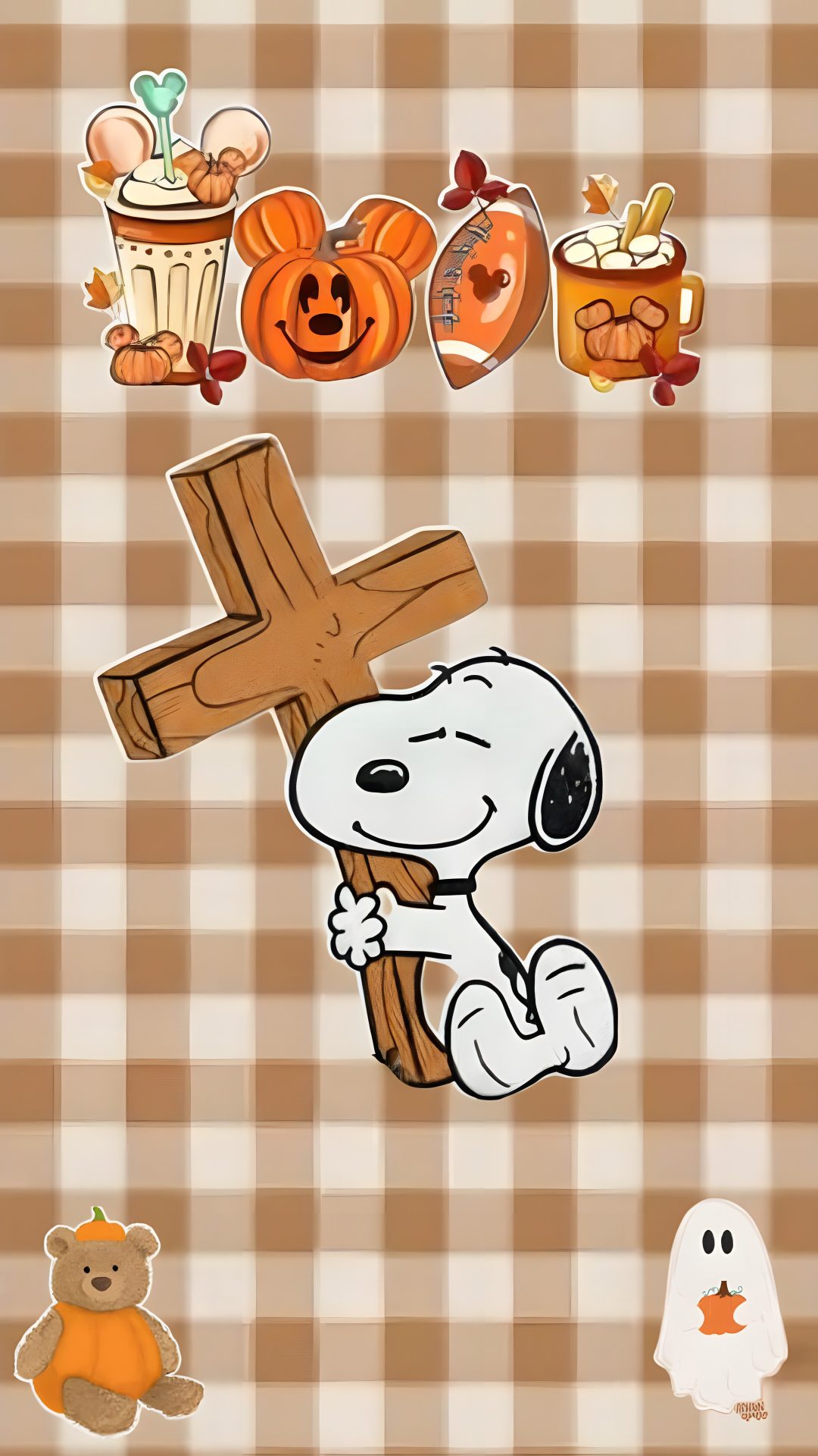 snoopy holding a wooden cross on top of a checkered tablecloth with pumpkins and Preppy Halloween Snoopy tan
