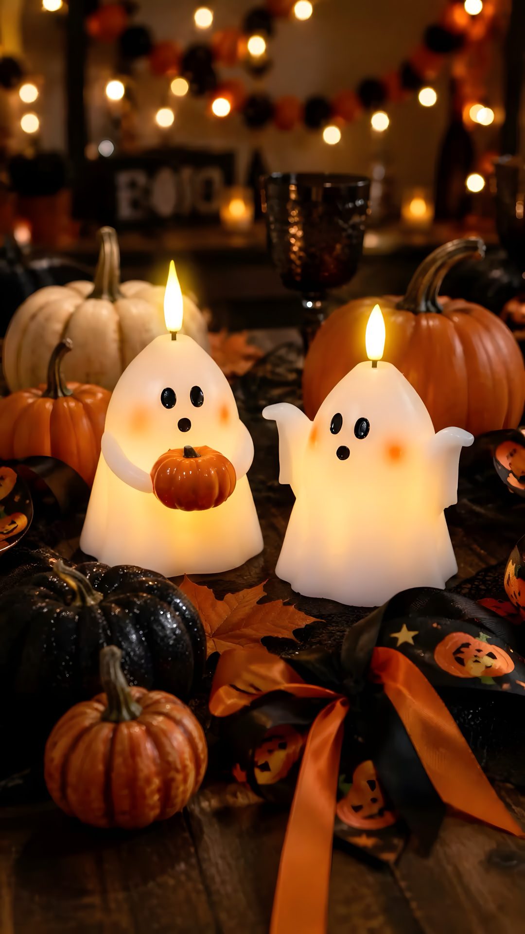 two candles with ghost faces and pumpkins on the table in front of some lights Halloween Candle maroon