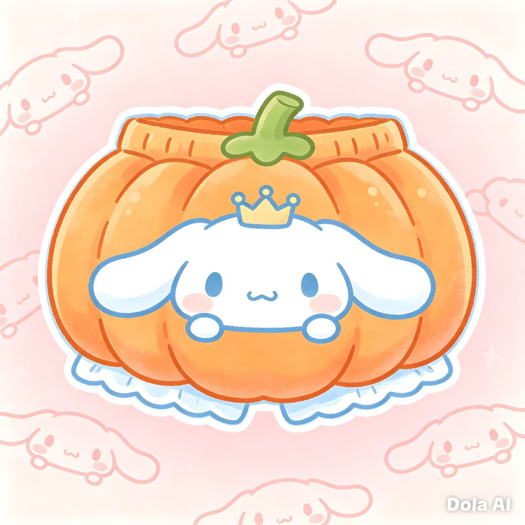 an orange pumpkin with a bunny face and crown on it's head, surrounded by clouds Cinnamon Roll Hello Kitty Halloween linen