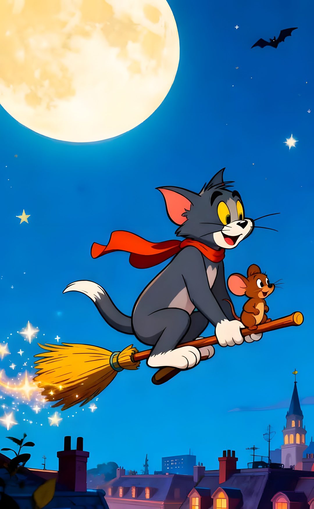 a cartoon cat flying through the air on top of a broom with a mouse in it Tom And Jerry Halloween Hanna Barbera, Disney Toms, Tom And Jerry, dark cyan