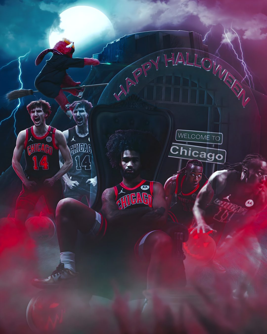the chicago bulls basketball team is posing for a photo in front of a giant sign that says happy halloween Halloween Nba dark slate gray
