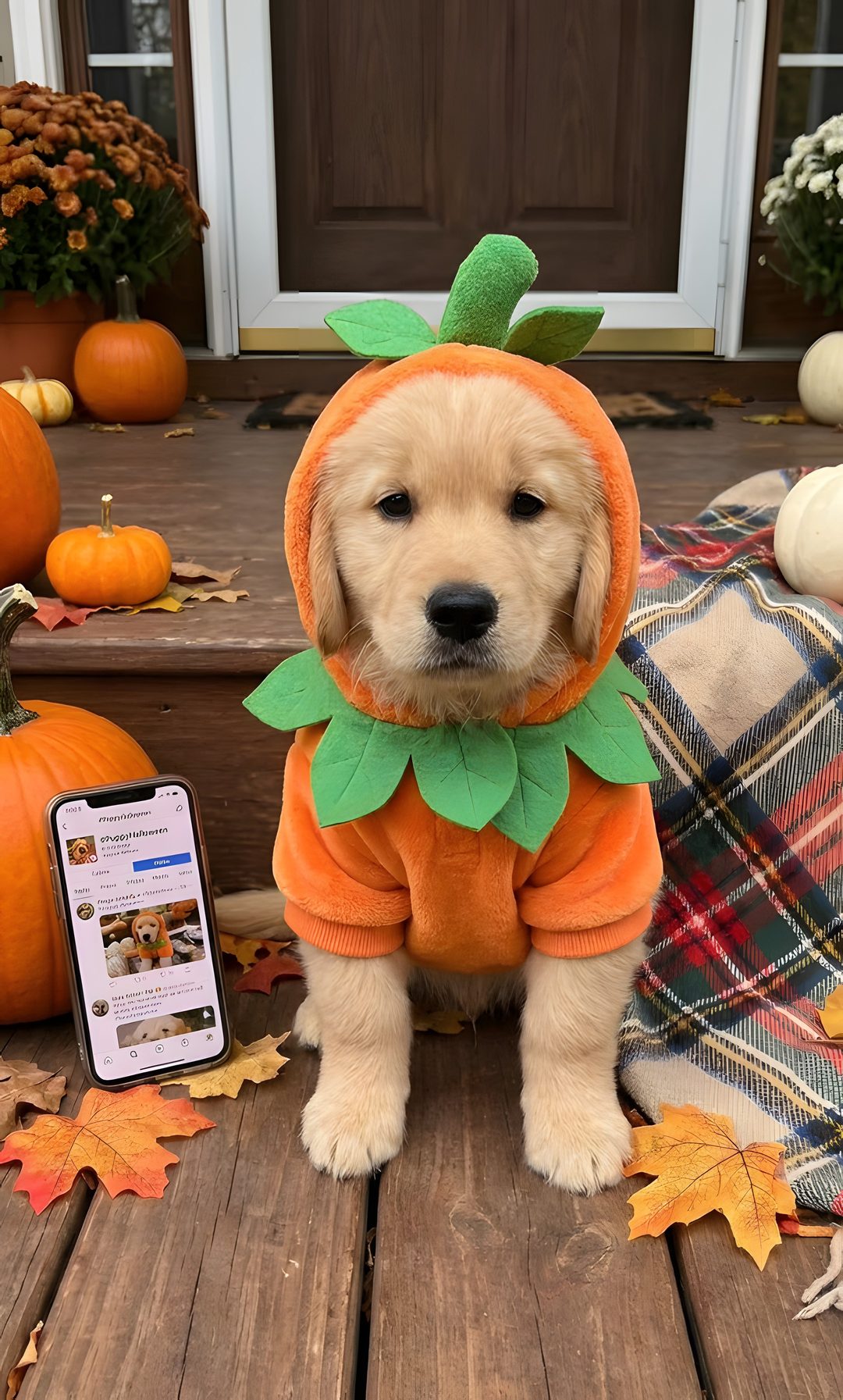a dog in a pumpkin costume sitting on the porch Golden Retriever Halloween sienna