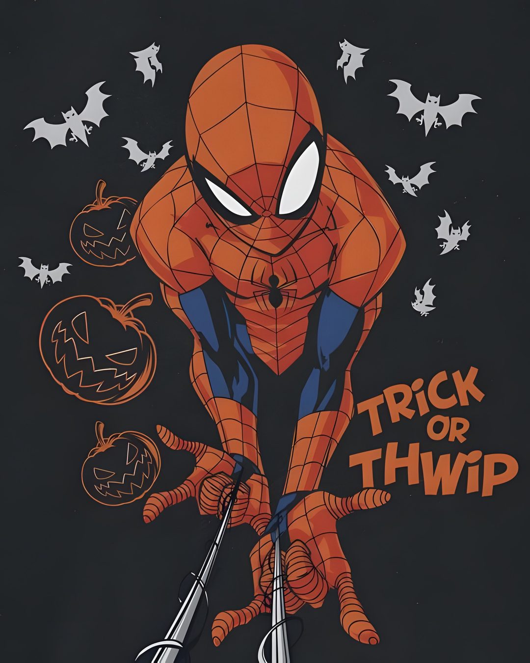 an image of a spiderman trick or treat with bats and pumpkins on it Marvel Halloween dark slate gray