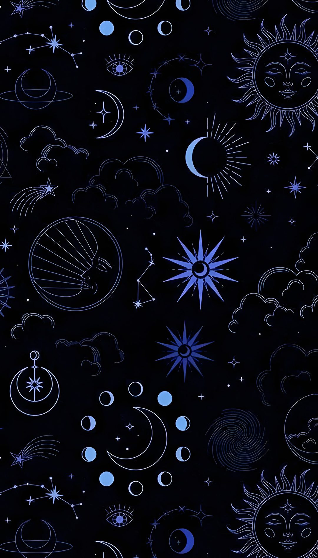the sun, moon and stars are all drawn in blue on a black background with white outlines Hand Drawn Halloween Constellation Navy Fabric, black
