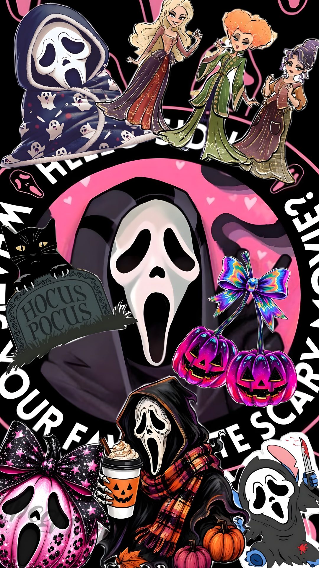 a group of halloween stickers on top of a black background with the words happy halloween Y2k Halloween Scream dark slate gray