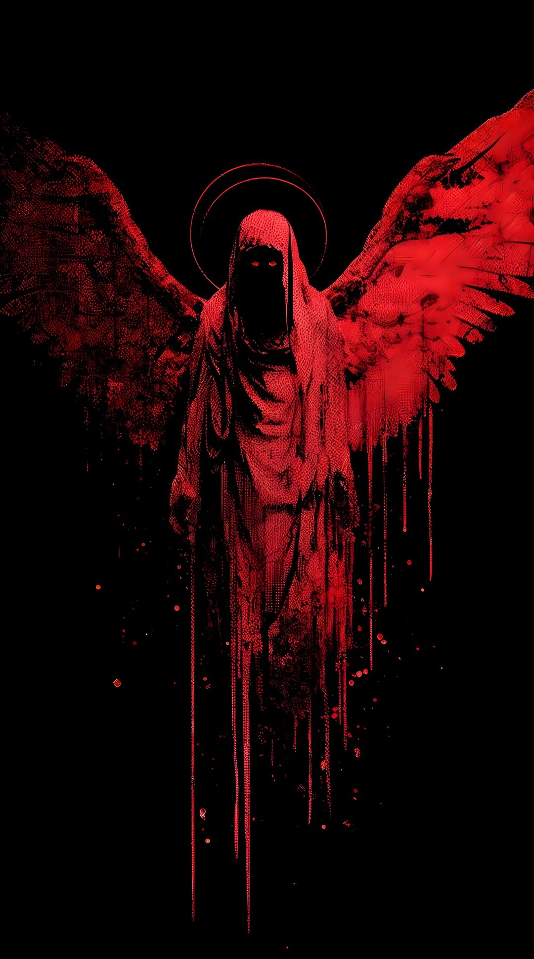 an angel with red paint dripping down on it's face and wings in front of a black background Halloween Angel black
