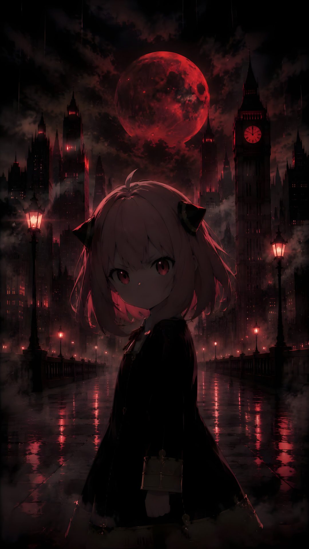 an anime character standing in front of a city at night with the moon behind her Anime Halloween Aesthetic black