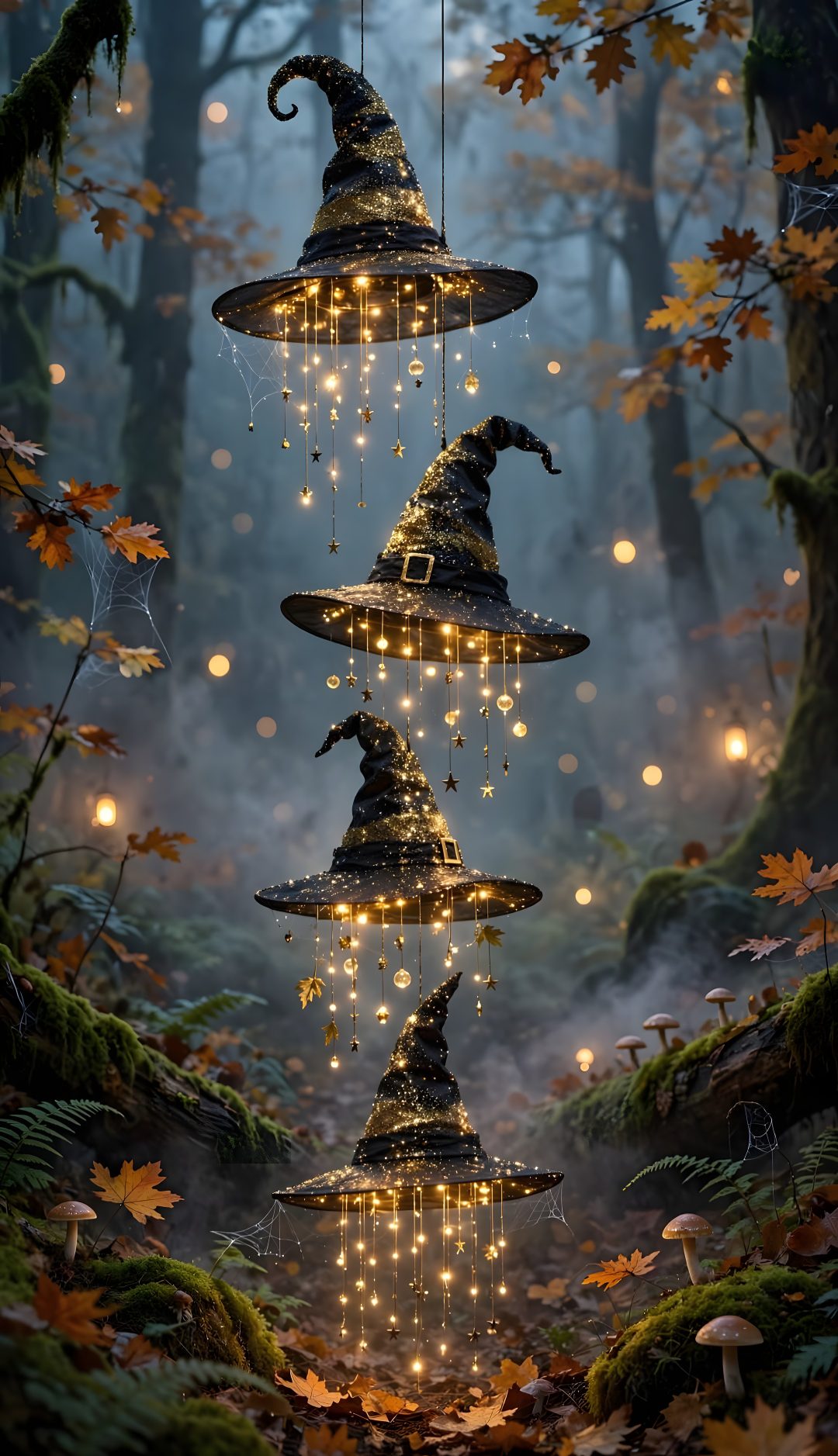 three witches hats hanging from strings in the woods with fairy lights strung around them and surrounded by leaves Halloween Witch For Bedroom dark slate gray
