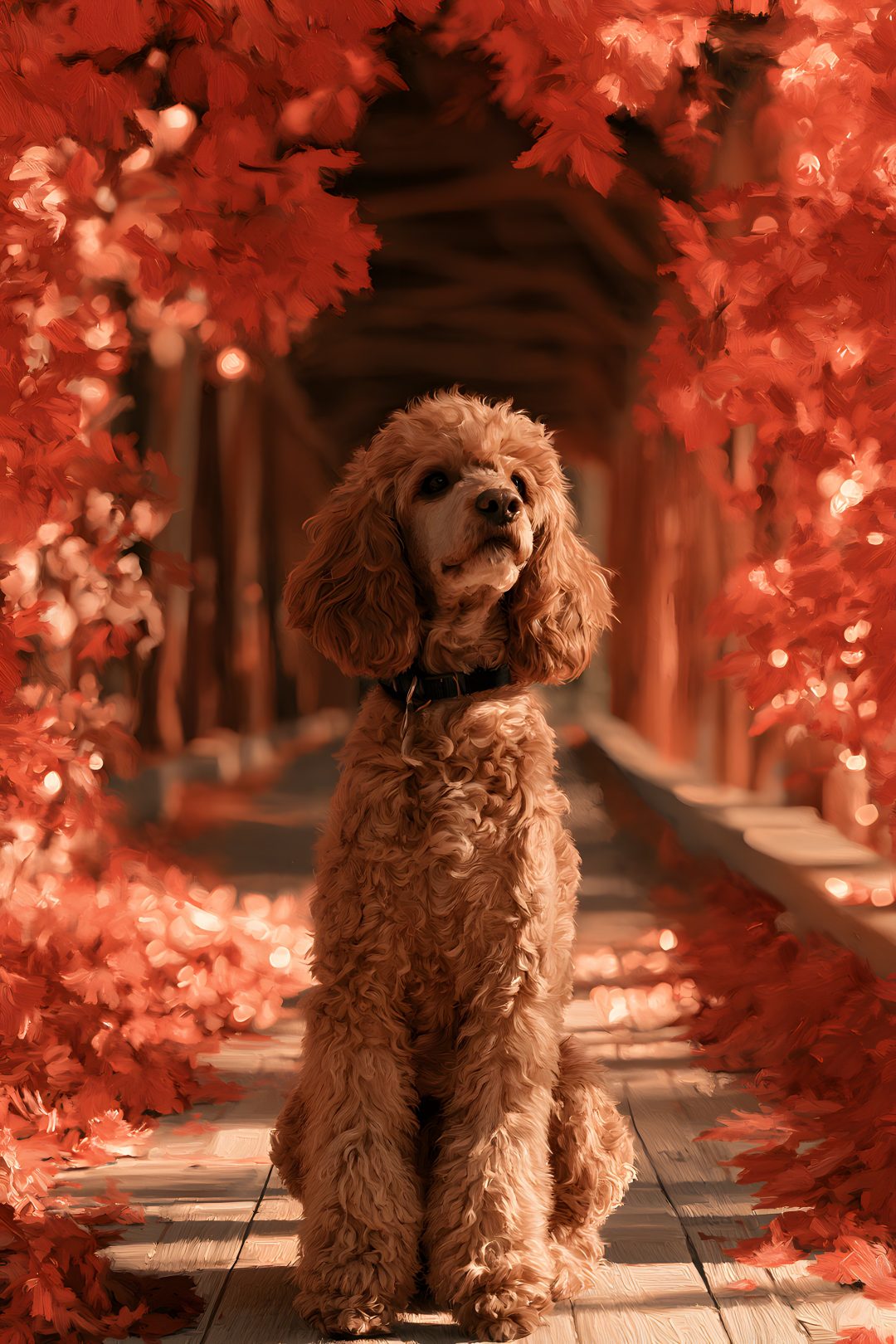 a brown dog sitting on top of a wooden floor next to trees with red leaves Halloween Poodle saddle brown