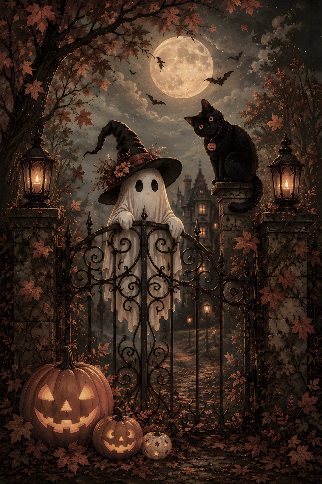 two cats sitting on top of a gate next to pumpkins and jack - o'- lanterns Elegant Halloween black