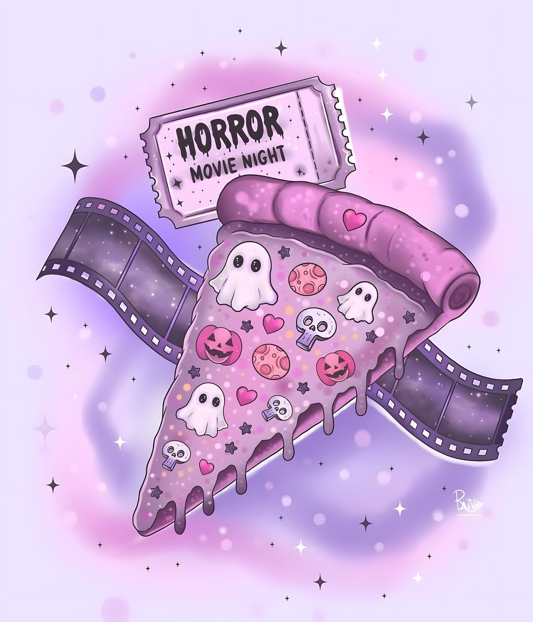 a slice of pizza with ghost faces on it and a sign that says horror movie night Halloween Pizza Cartoon lavender
