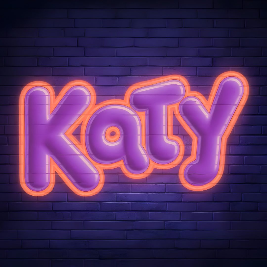 a neon sign that says,'kasty'in purple and orange letters on a brick wall Katy Name Name Backgrounds For Halloween midnight blue