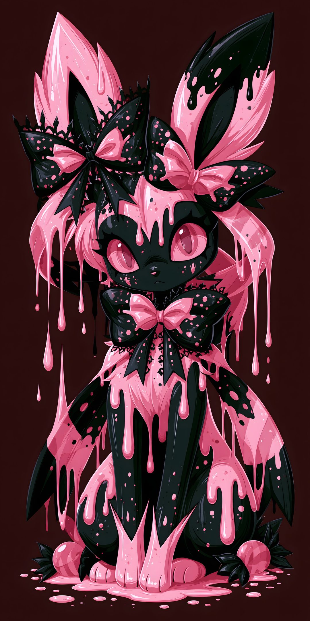 a pink and black cat with dripping paint on it's face, sitting in front of a dark background Halloween Sylveon Hd Pokémon, My Pokemon, Pokemon, black