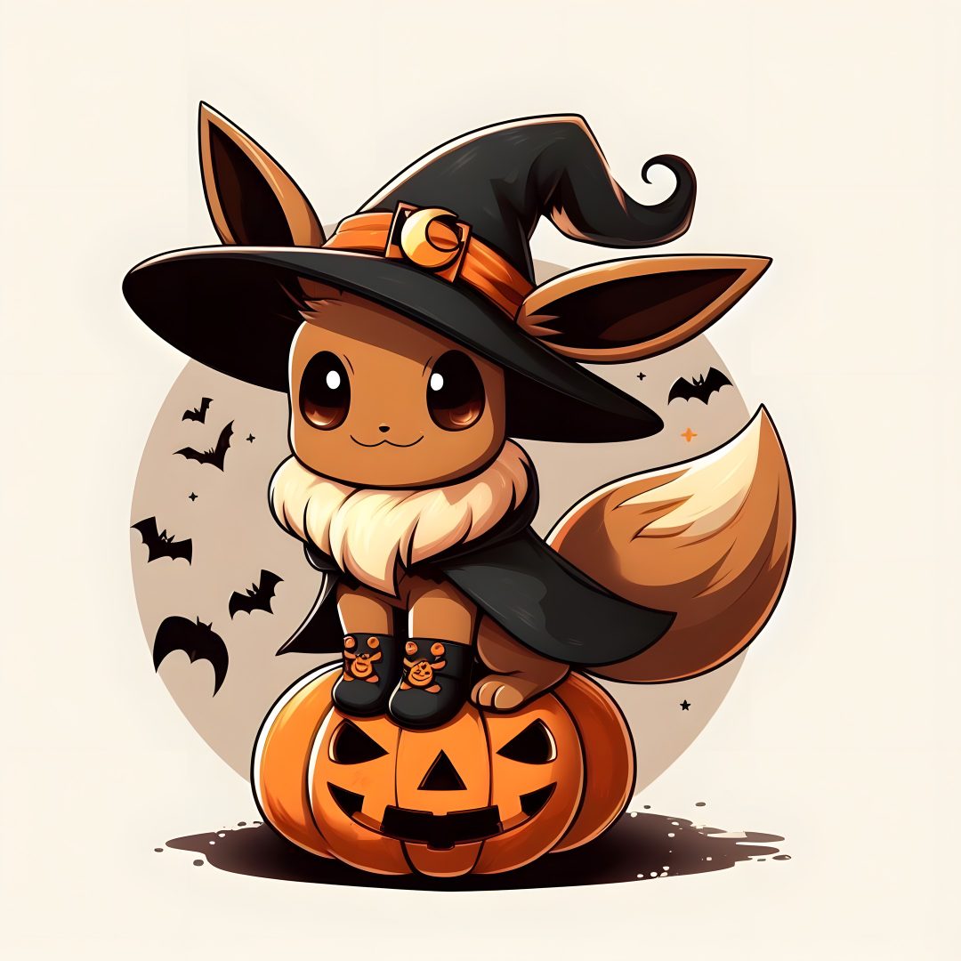 a cute little animal in a witches hat sitting on top of a pumpkin Cute Eevee Halloween linen