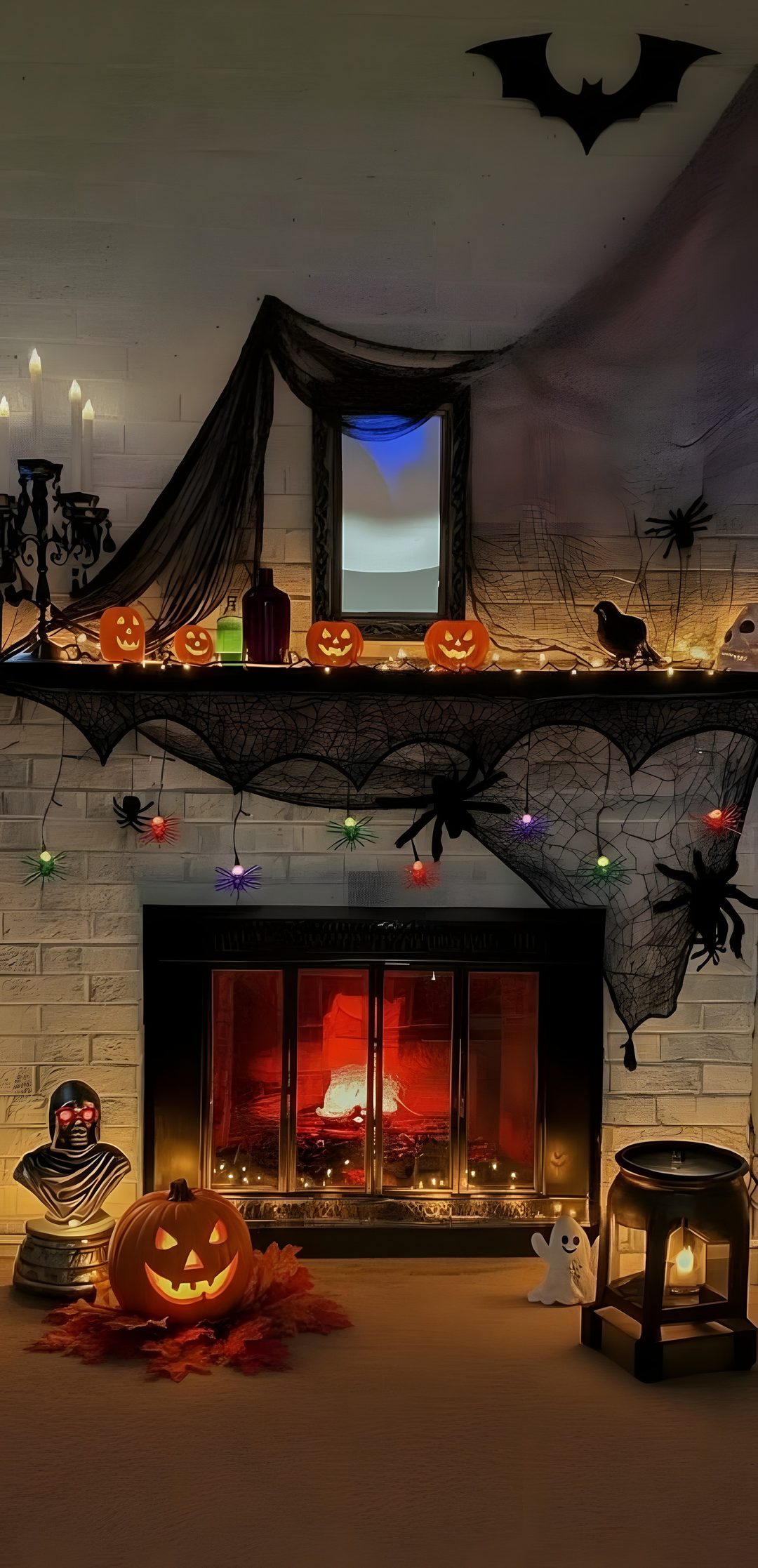 a fireplace decorated with halloween decorations and lights Halloween Fireplace dark olive green