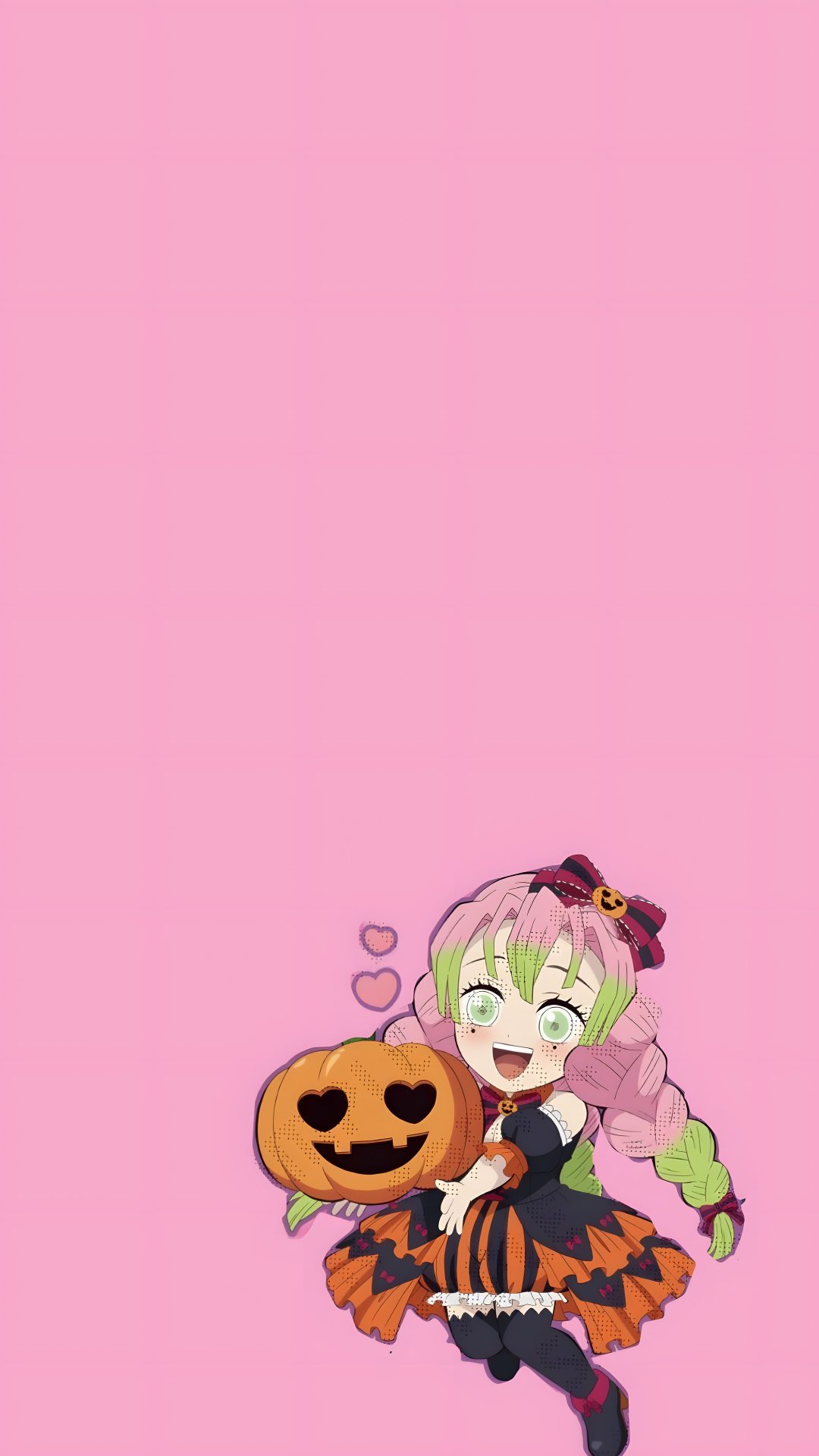 an anime character holding a pumpkin on a pink background Mitsuri Halloween light pink