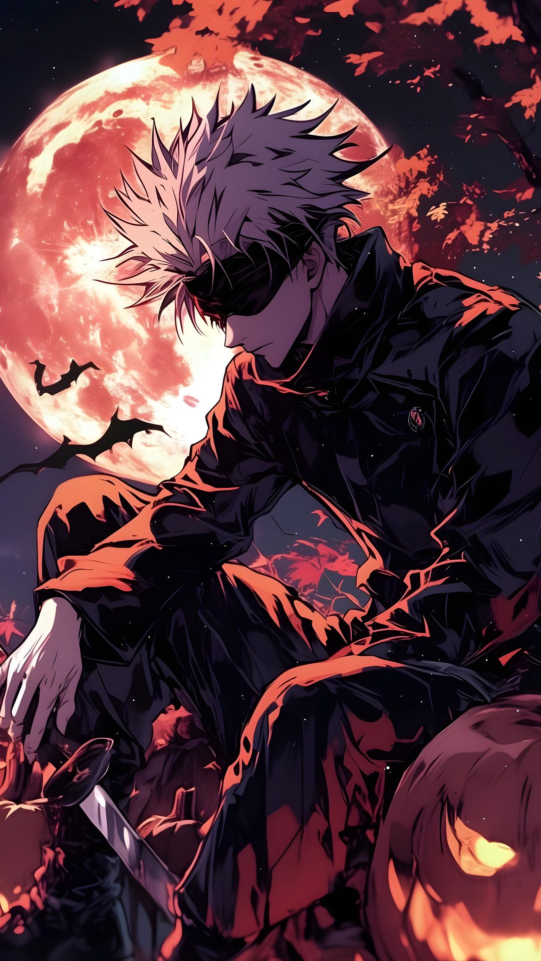 an anime character sitting in front of a full moon with his hands on his knees Jujustu Kaisen Halloween 4k dark slate gray