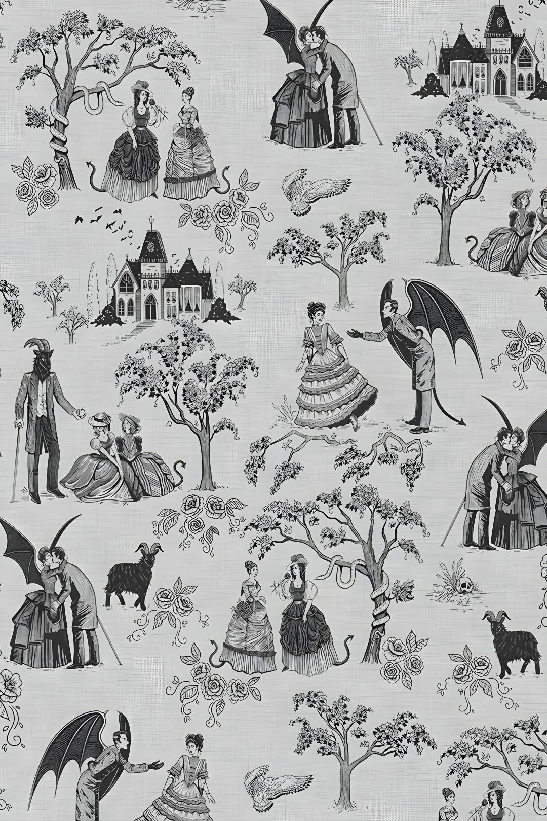 black and white images of people in various costumes, trees, and houses on a linen background Halloween Toile silver