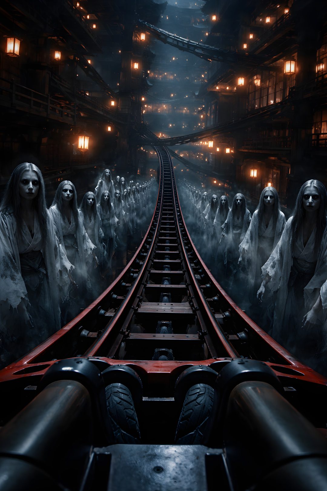 a group of people standing on top of a train track in the middle of a tunnel Halloween Roller Coaster Ferris Wheel, black