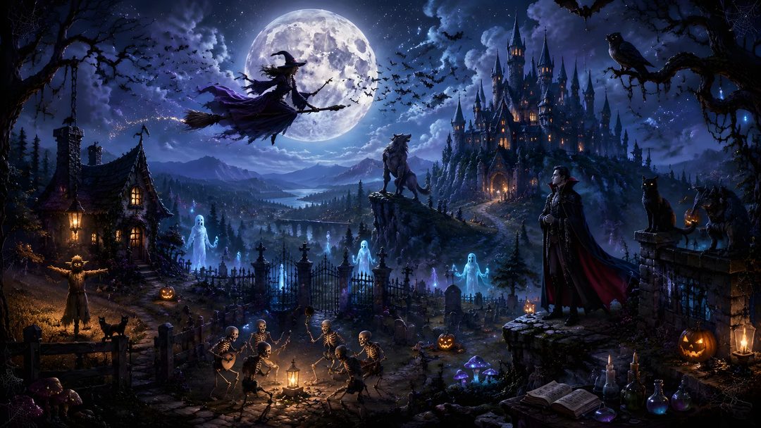 an image of a halloween scene with witch flying over the town Halloween Village For Pc dark slate gray